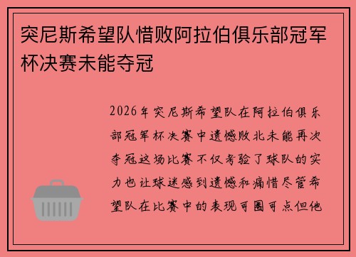突尼斯希望队惜败阿拉伯俱乐部冠军杯决赛未能夺冠